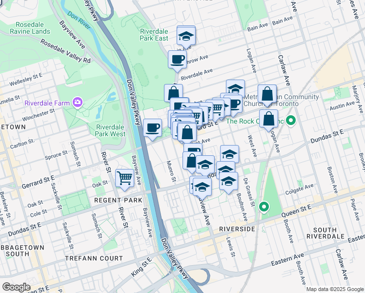 map of restaurants, bars, coffee shops, grocery stores, and more near 324 Broadview Avenue in Toronto