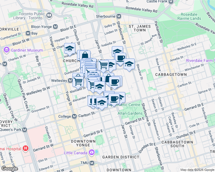 map of restaurants, bars, coffee shops, grocery stores, and more near 412 Jarvis Street in Toronto