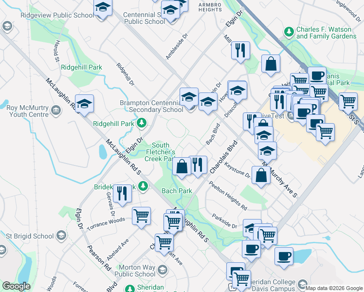 map of restaurants, bars, coffee shops, grocery stores, and more near 26 Vivaldi Crescent in Brampton