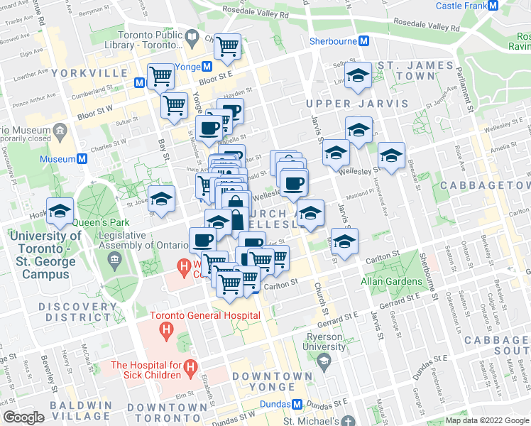 map of restaurants, bars, coffee shops, grocery stores, and more near 42 Maitland Street in Toronto