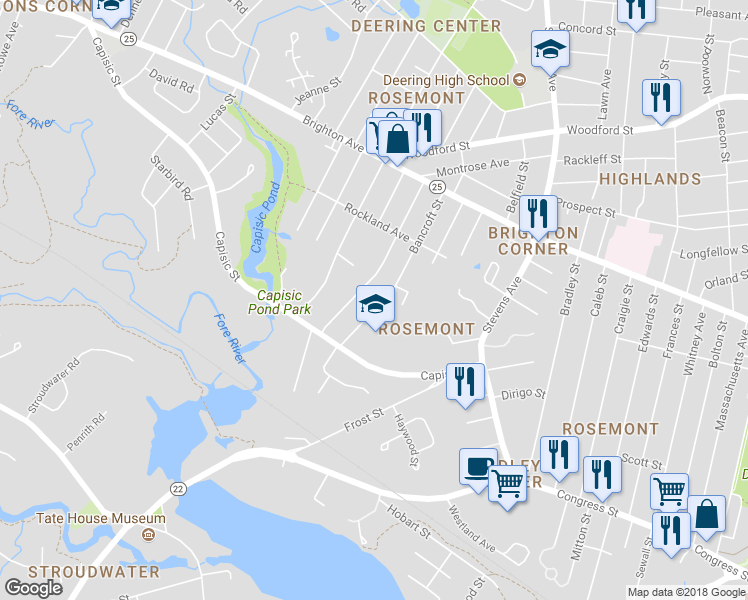 map of restaurants, bars, coffee shops, grocery stores, and more near 119 Bancroft Street in Portland