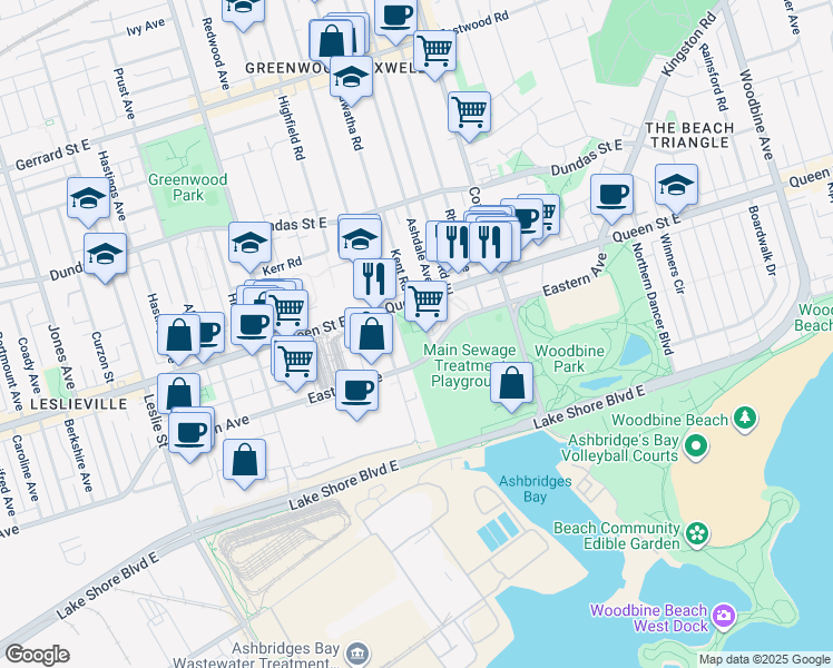 map of restaurants, bars, coffee shops, grocery stores, and more near 20 Woodward Avenue in Toronto