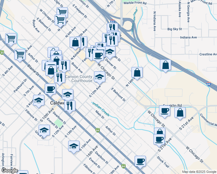 map of restaurants, bars, coffee shops, grocery stores, and more near 222 North 12th Avenue in Caldwell