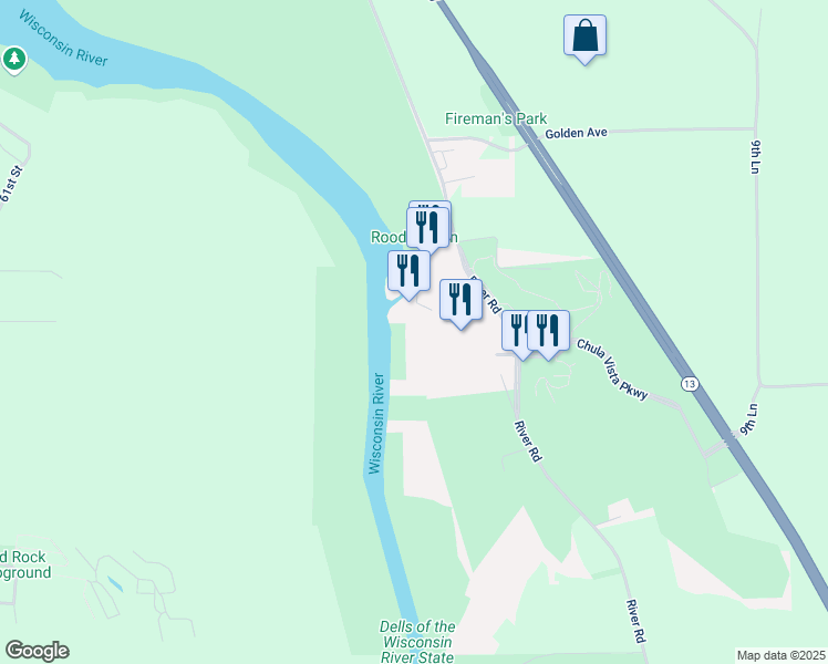 map of restaurants, bars, coffee shops, grocery stores, and more near 2411 River Road in Wisconsin Dells