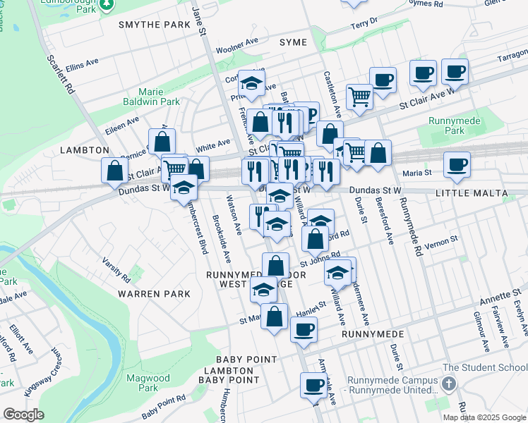 map of restaurants, bars, coffee shops, grocery stores, and more near 591 Jane Street in Toronto