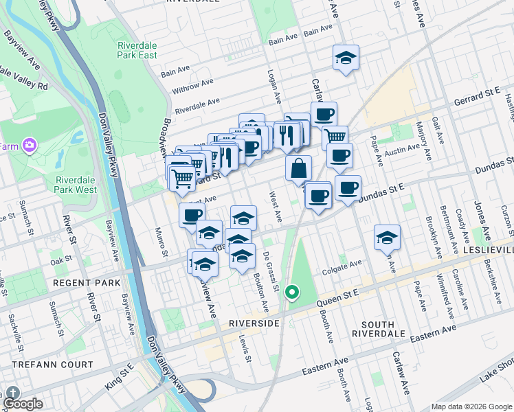 map of restaurants, bars, coffee shops, grocery stores, and more near 197 Degrassi Street in Toronto