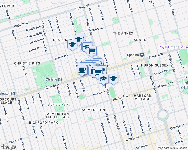 map of restaurants, bars, coffee shops, grocery stores, and more near 585 Bloor Street West in Toronto