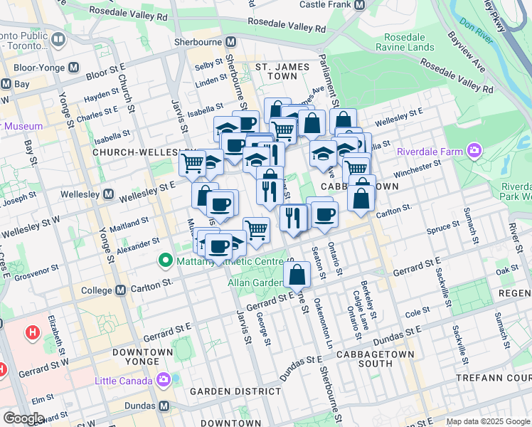 map of restaurants, bars, coffee shops, grocery stores, and more near 410 Sherbourne Street in Toronto