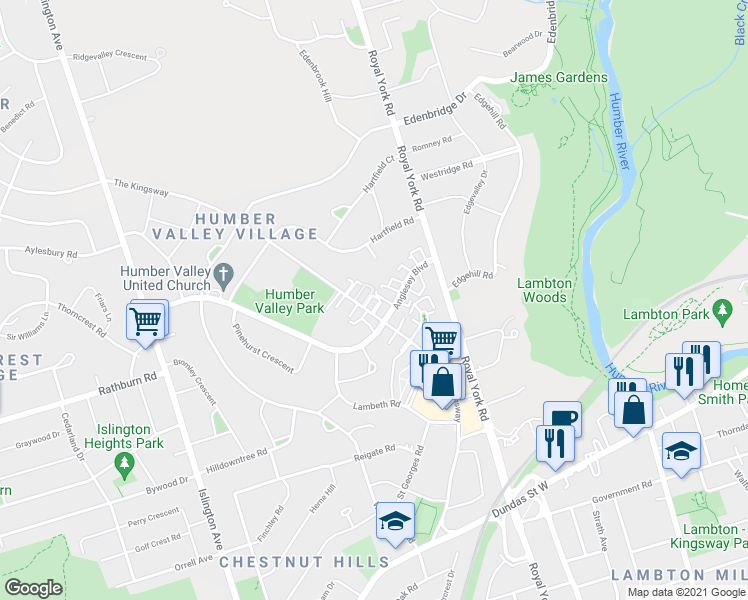 map of restaurants, bars, coffee shops, grocery stores, and more near 307 The Kingsway in Toronto