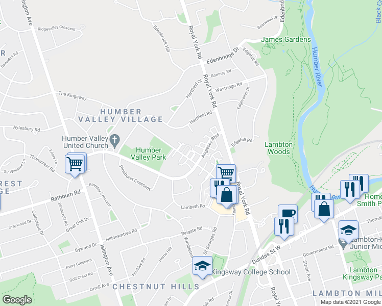 map of restaurants, bars, coffee shops, grocery stores, and more near 307 The Kingsway in Toronto