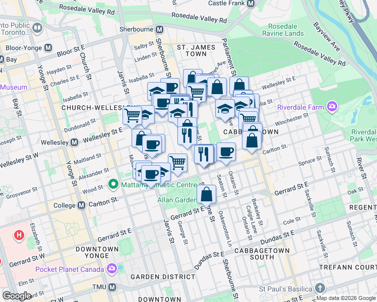 map of restaurants, bars, coffee shops, grocery stores, and more near 410 Sherbourne Street in Toronto