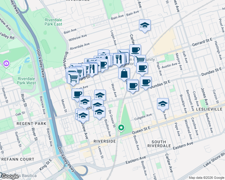 map of restaurants, bars, coffee shops, grocery stores, and more near 52 West Avenue in Toronto