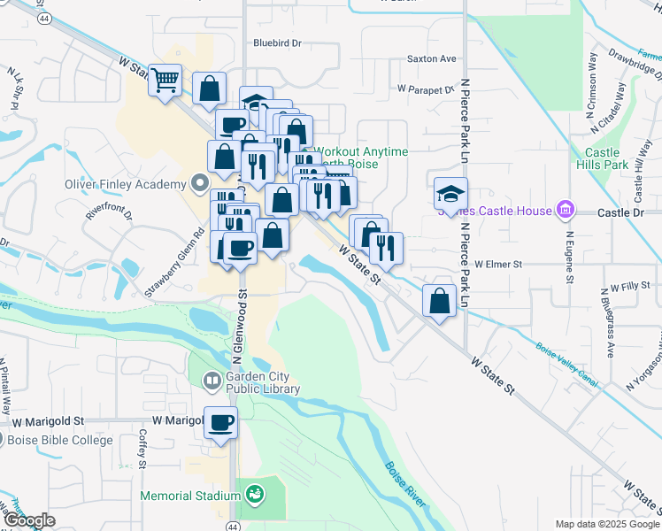 map of restaurants, bars, coffee shops, grocery stores, and more near 6515 West State Street in Boise