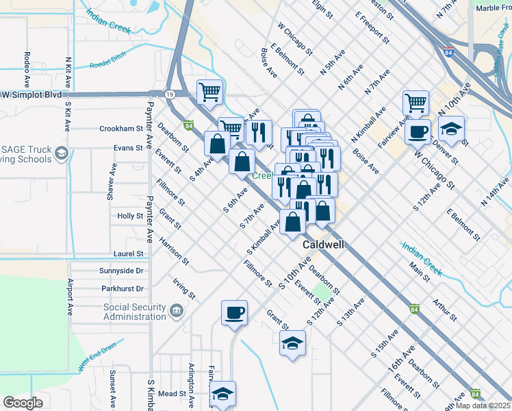 map of restaurants, bars, coffee shops, grocery stores, and more near 624 Cleveland Boulevard in Caldwell