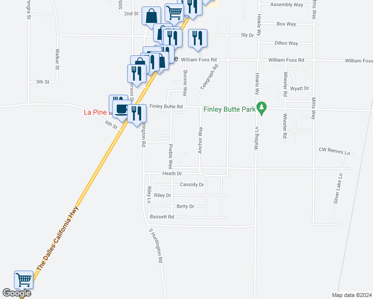 map of restaurants, bars, coffee shops, grocery stores, and more near 16488 Carter Court in La Pine