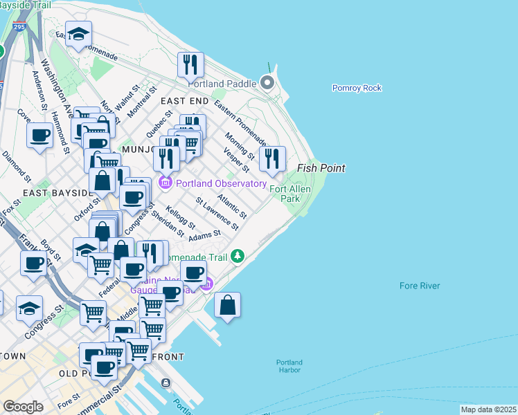 map of restaurants, bars, coffee shops, grocery stores, and more near 38 Eastern Promenade in Portland