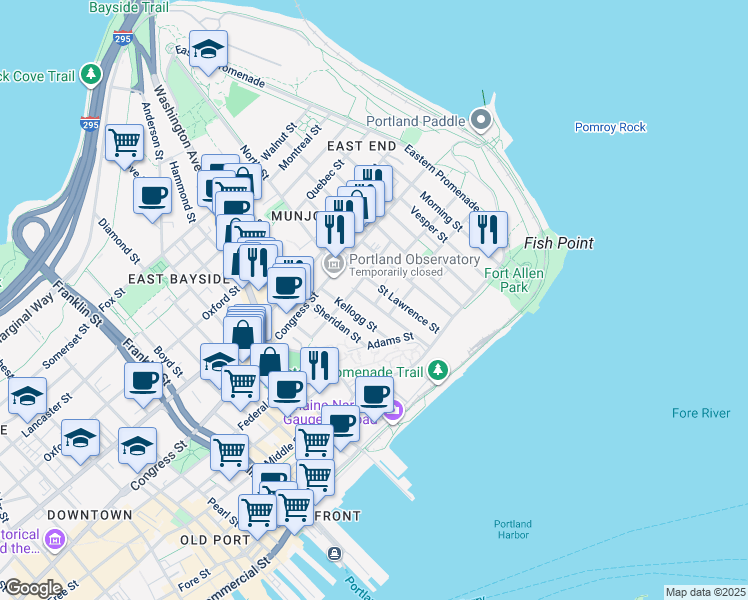 map of restaurants, bars, coffee shops, grocery stores, and more near 5 Sherbrooke Street in Portland