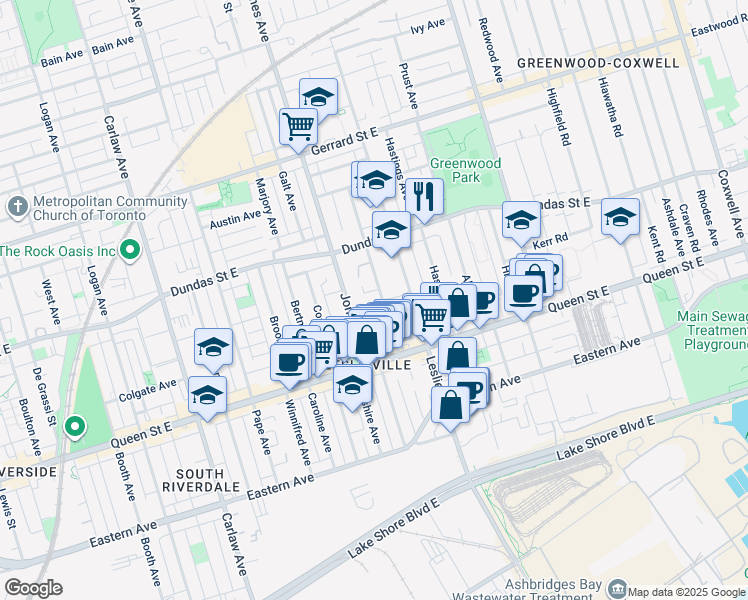 map of restaurants, bars, coffee shops, grocery stores, and more near in Toronto