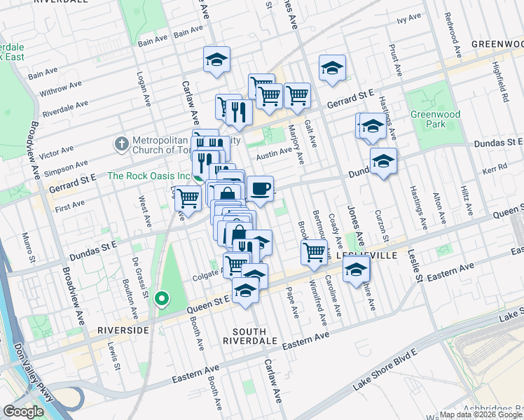 map of restaurants, bars, coffee shops, grocery stores, and more near in Toronto
