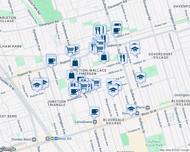 map of restaurants, bars, coffee shops, grocery stores, and more near in Toronto