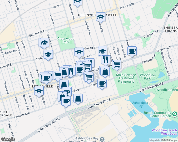 map of restaurants, bars, coffee shops, grocery stores, and more near 1400 Queen Street East in Toronto