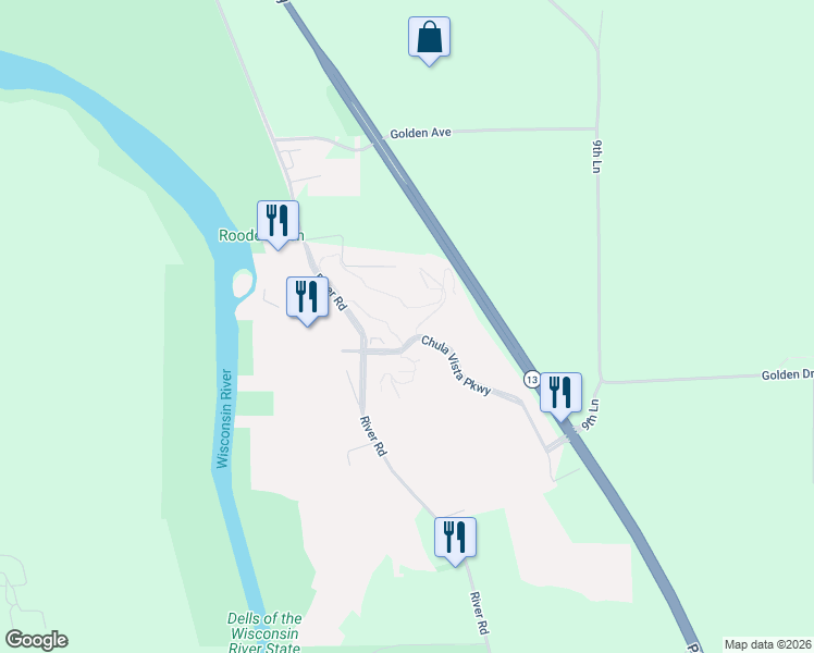 map of restaurants, bars, coffee shops, grocery stores, and more near 1001 Chula Vista Parkway in Wisconsin Dells