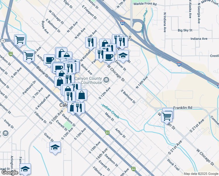 map of restaurants, bars, coffee shops, grocery stores, and more near 222 North 12th Avenue in Caldwell