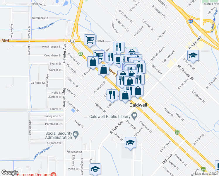 map of restaurants, bars, coffee shops, grocery stores, and more near 414 South 7th Avenue in Caldwell