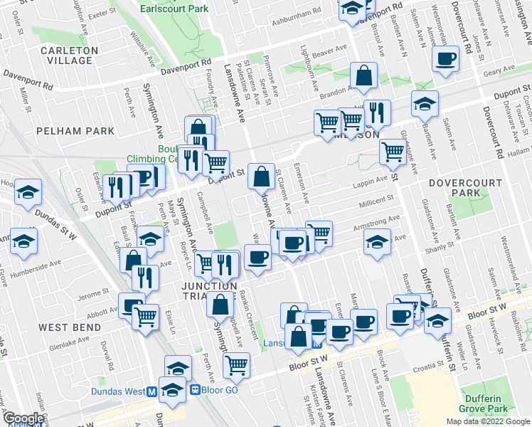 map of restaurants, bars, coffee shops, grocery stores, and more near 746 Lansdowne Avenue in Toronto