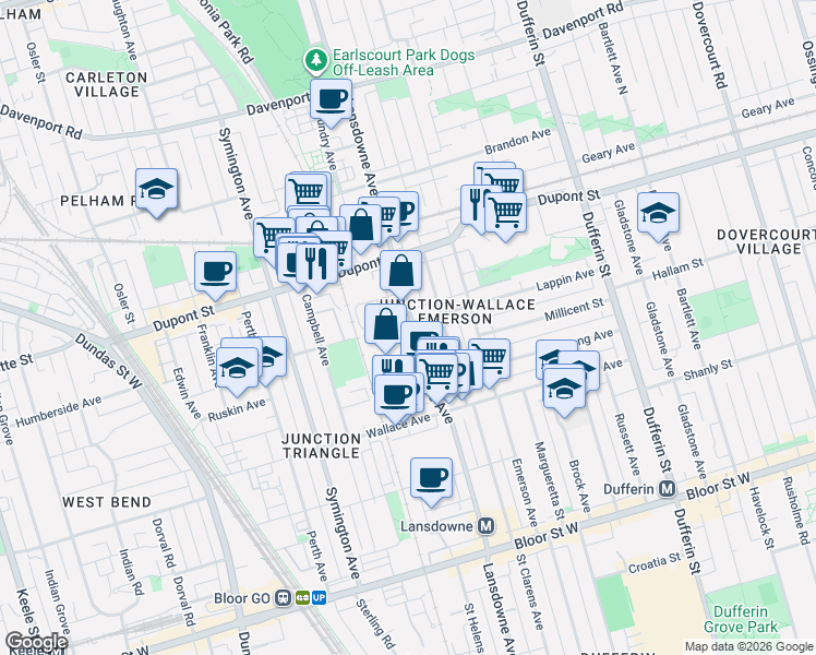 map of restaurants, bars, coffee shops, grocery stores, and more near 746 Lansdowne Avenue in Toronto