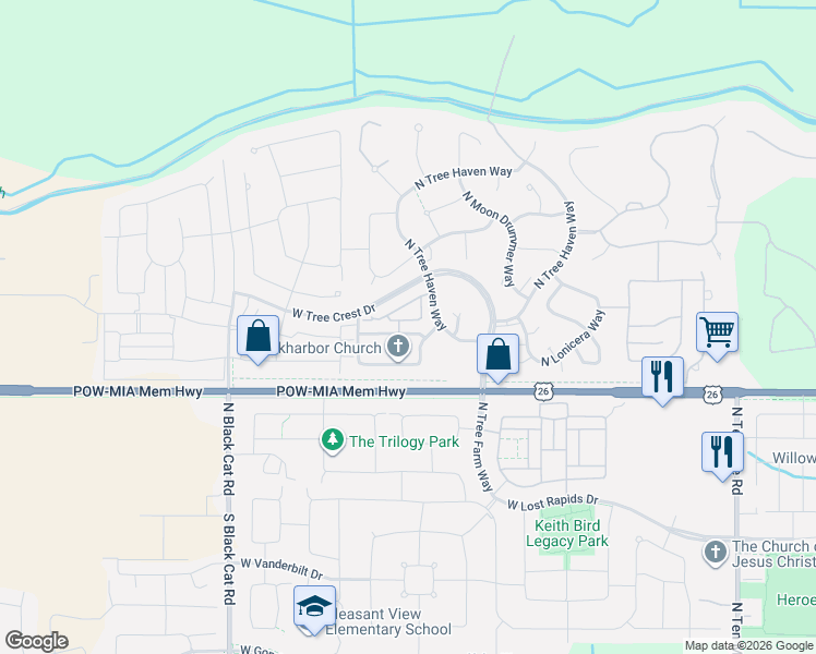 map of restaurants, bars, coffee shops, grocery stores, and more near 4251 West Bay Oak Lane in Meridian