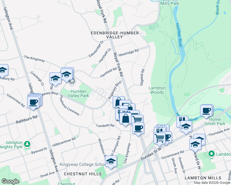 map of restaurants, bars, coffee shops, grocery stores, and more near 11 Anglesey Boulevard in Toronto