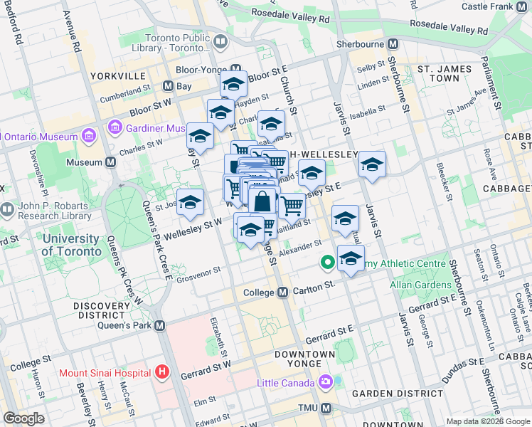 map of restaurants, bars, coffee shops, grocery stores, and more near 555 Yonge Street in Toronto