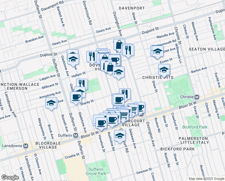 map of restaurants, bars, coffee shops, grocery stores, and more near 885 Dovercourt Road in Toronto
