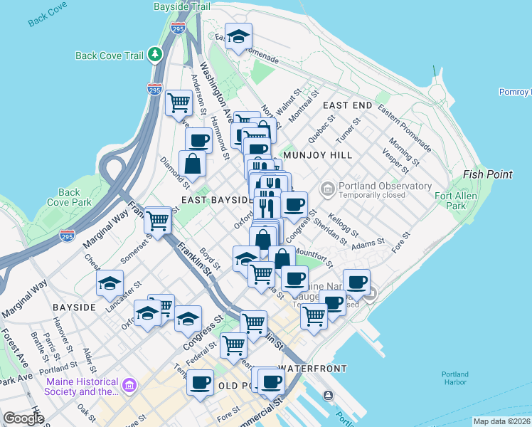 map of restaurants, bars, coffee shops, grocery stores, and more near 46 Washington Avenue in Portland