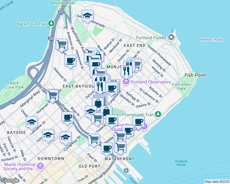 map of restaurants, bars, coffee shops, grocery stores, and more near 175 Congress Street in Portland