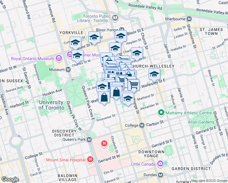 map of restaurants, bars, coffee shops, grocery stores, and more near 955 Bay Street in Toronto
