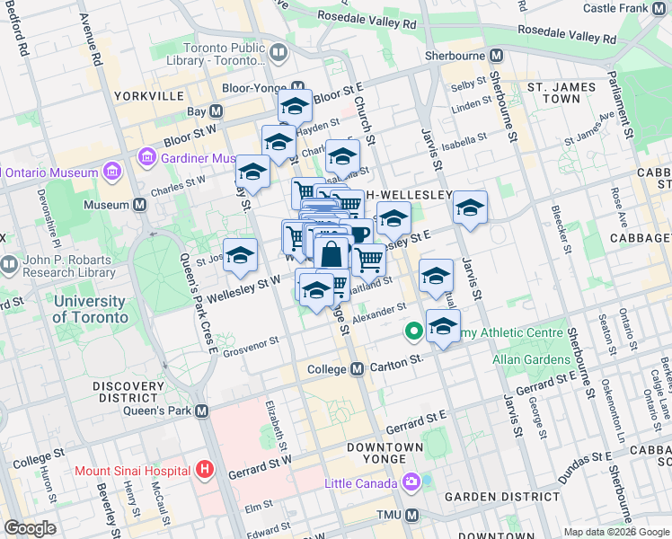 map of restaurants, bars, coffee shops, grocery stores, and more near 555 Yonge Street in Toronto
