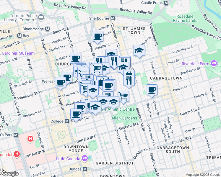 map of restaurants, bars, coffee shops, grocery stores, and more near 77 Maitland Place in Toronto