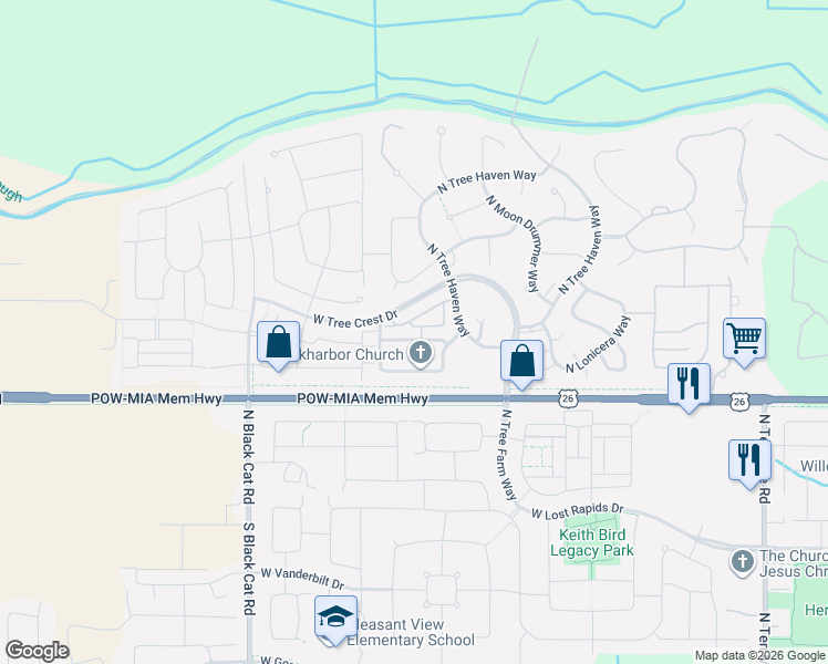 map of restaurants, bars, coffee shops, grocery stores, and more near 4251 West Bay Oak Lane in Meridian