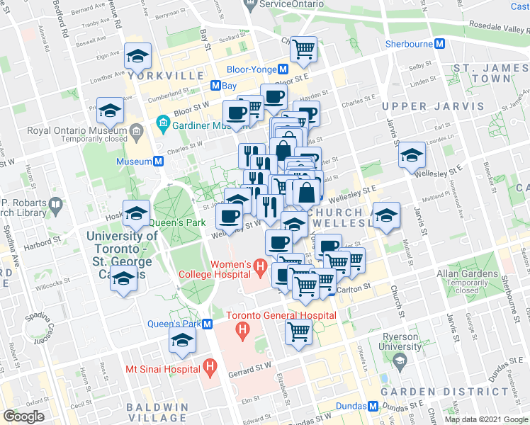 map of restaurants, bars, coffee shops, grocery stores, and more near 955 Bay Street in Toronto