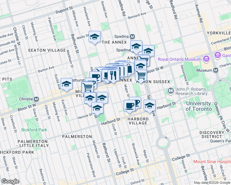 map of restaurants, bars, coffee shops, grocery stores, and more near 266 Brunswick Avenue in Toronto