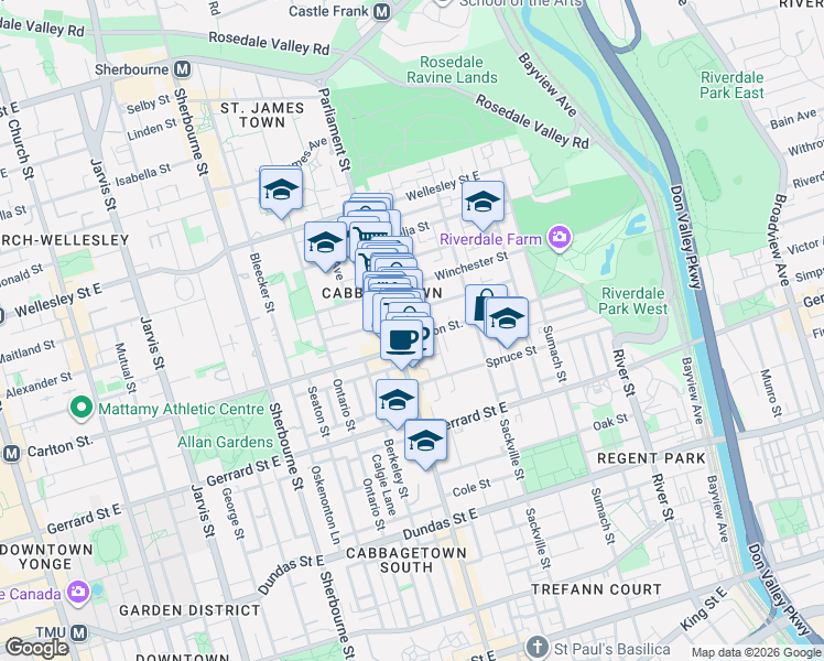 map of restaurants, bars, coffee shops, grocery stores, and more near in Toronto