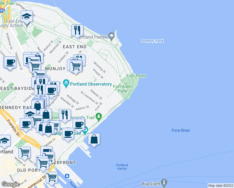 map of restaurants, bars, coffee shops, grocery stores, and more near 38 Eastern Promenade in Portland