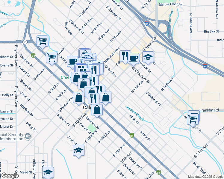 map of restaurants, bars, coffee shops, grocery stores, and more near in Caldwell