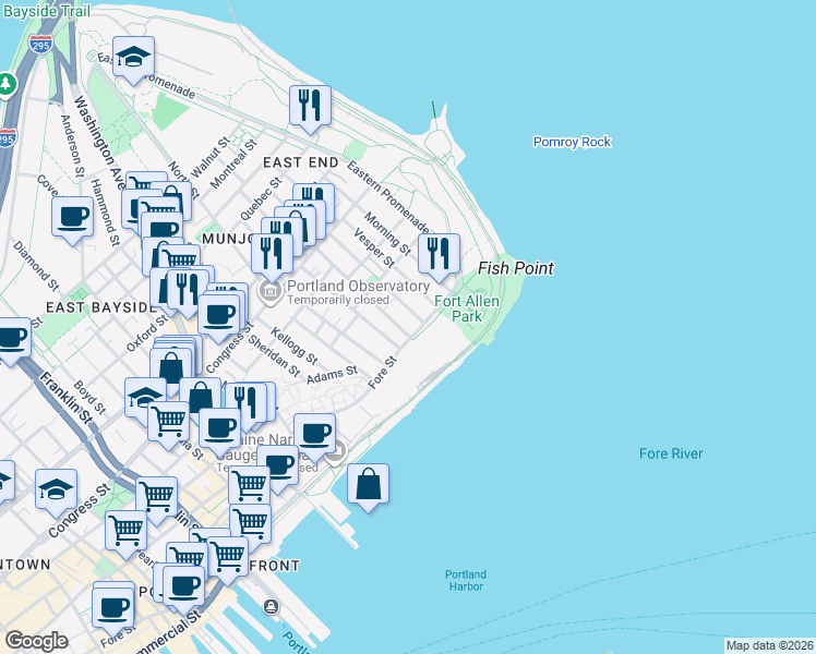 map of restaurants, bars, coffee shops, grocery stores, and more near 18 Munjoy Street in Portland