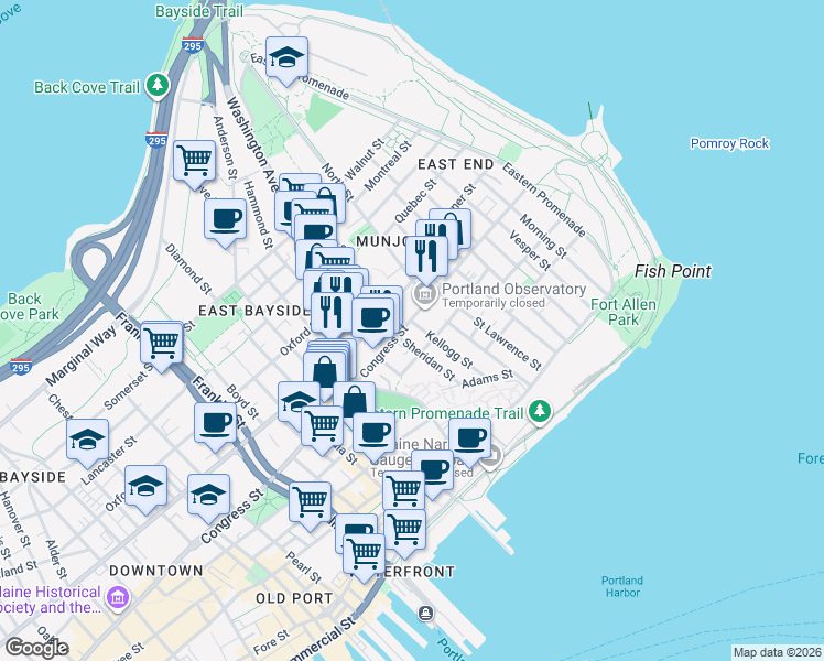 map of restaurants, bars, coffee shops, grocery stores, and more near in Portland