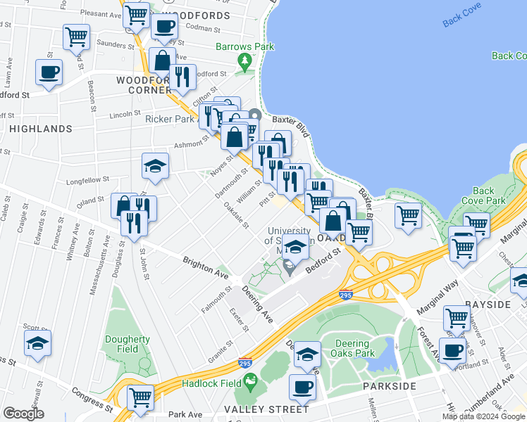 map of restaurants, bars, coffee shops, grocery stores, and more near 39 Pitt Street in Portland