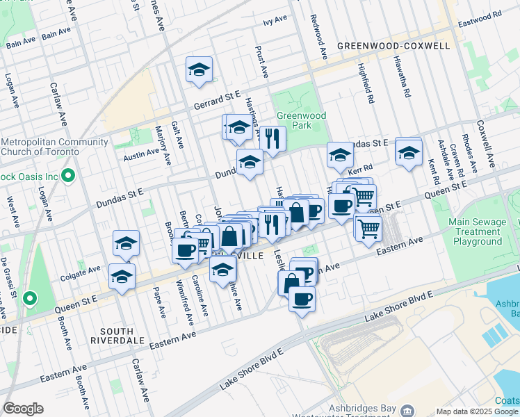 map of restaurants, bars, coffee shops, grocery stores, and more near in Toronto