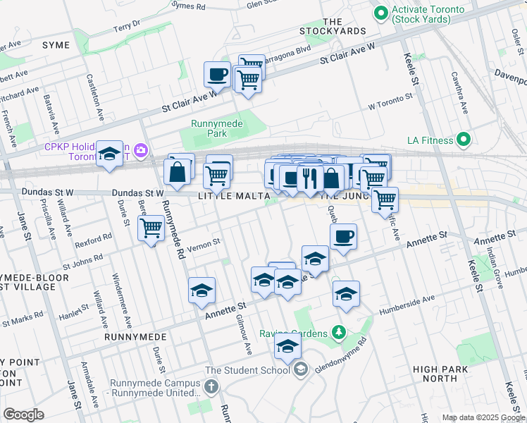 map of restaurants, bars, coffee shops, grocery stores, and more near in Toronto